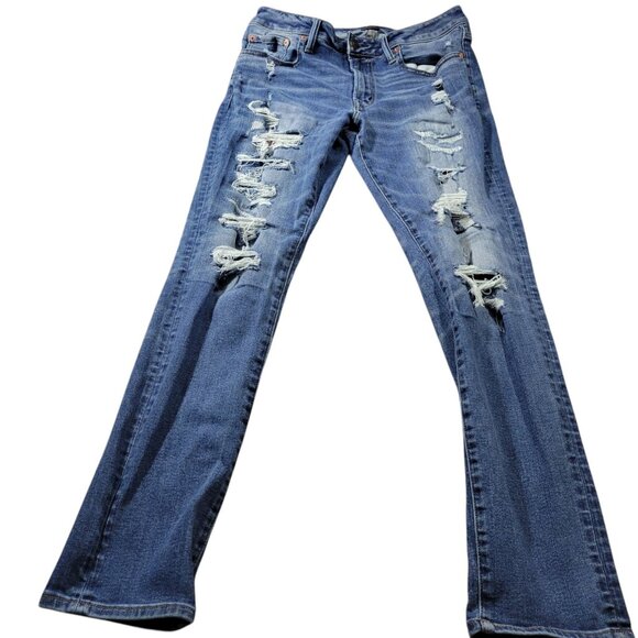 American Eagle Jeans Mens 34x30.5 Tag 34x32 Skinny Dark Wash Distressed - Picture 1 of 8